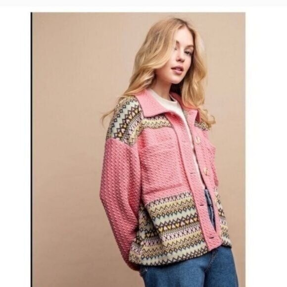 Textured Knit and Yarn Dye Pattern Mixed Jacket-NEW-SIZE: MEDIUM - Picture 7 of 7